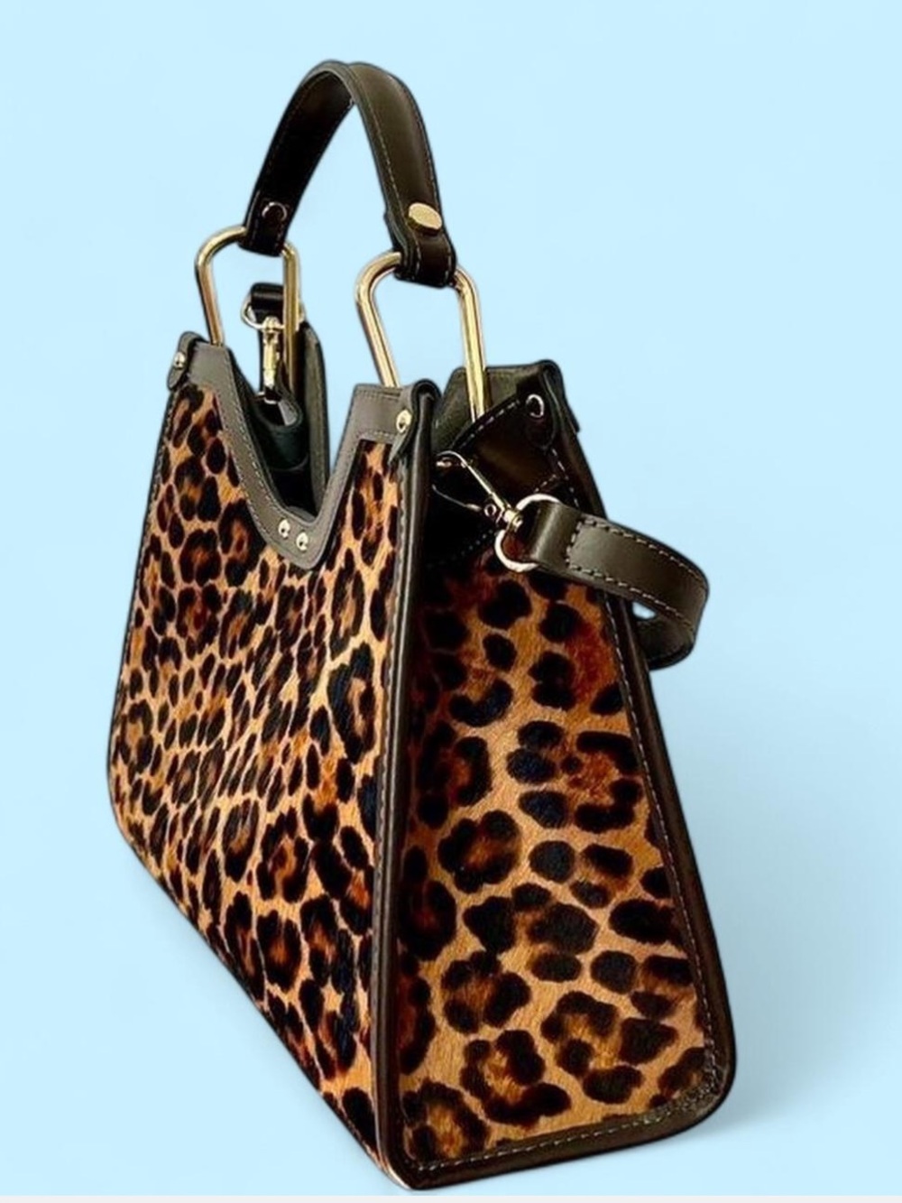 Leopard Print Top-Handle Shoulder Bag in Brown/Black